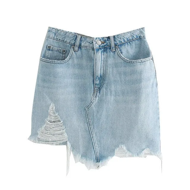 ASYMMETRIC FRAYED RIPPED MINI SKIRT