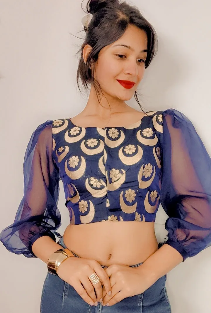 Banarasi Silk Stitched Blouse with Organza Sleeves