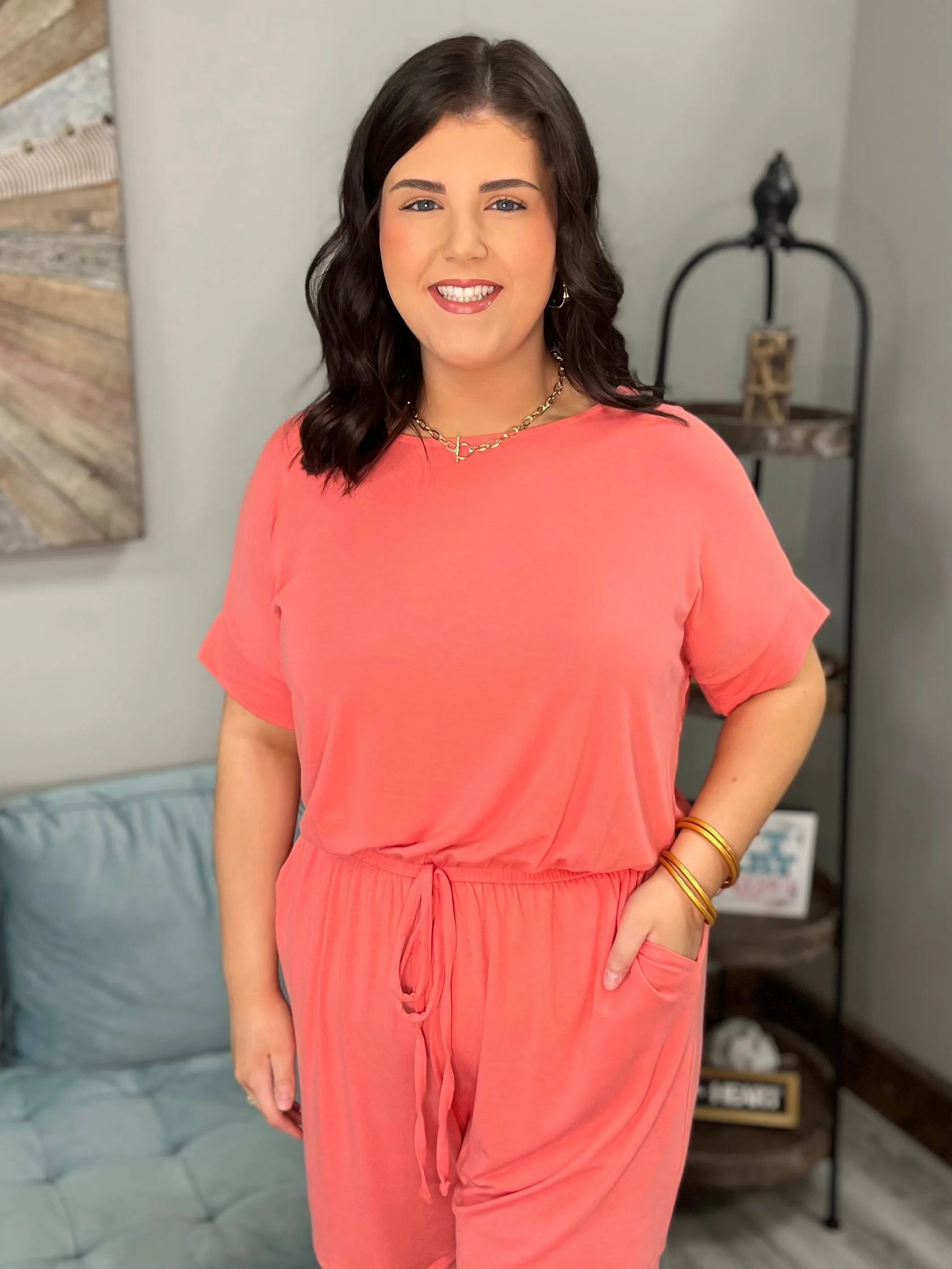 BAYLOR Elastic Waist Tie Romper (Coral) (Plus Size)