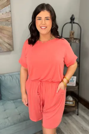 BAYLOR Elastic Waist Tie Romper (Coral) (Plus Size)
