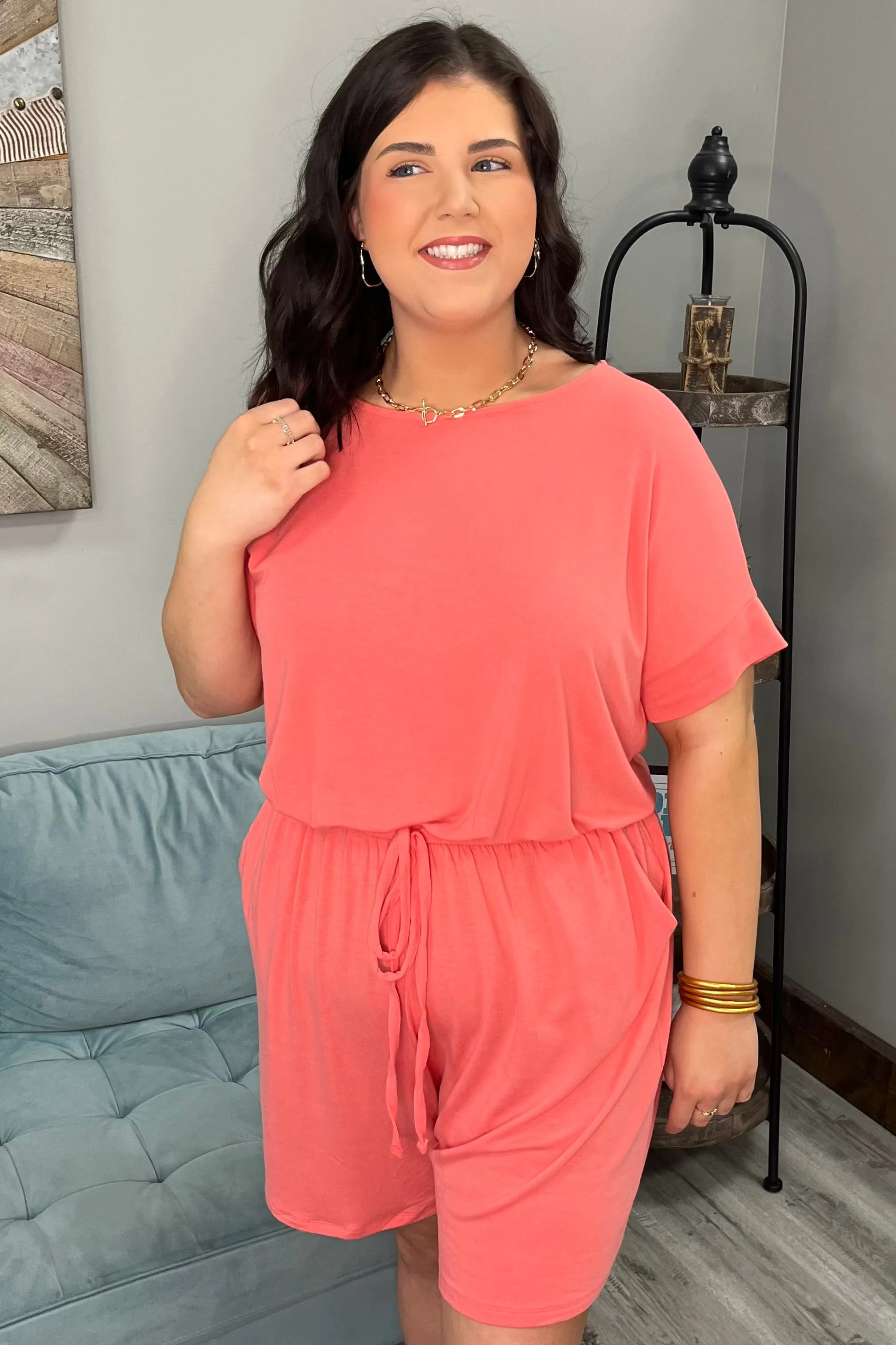 BAYLOR Elastic Waist Tie Romper (Coral) (Plus Size)