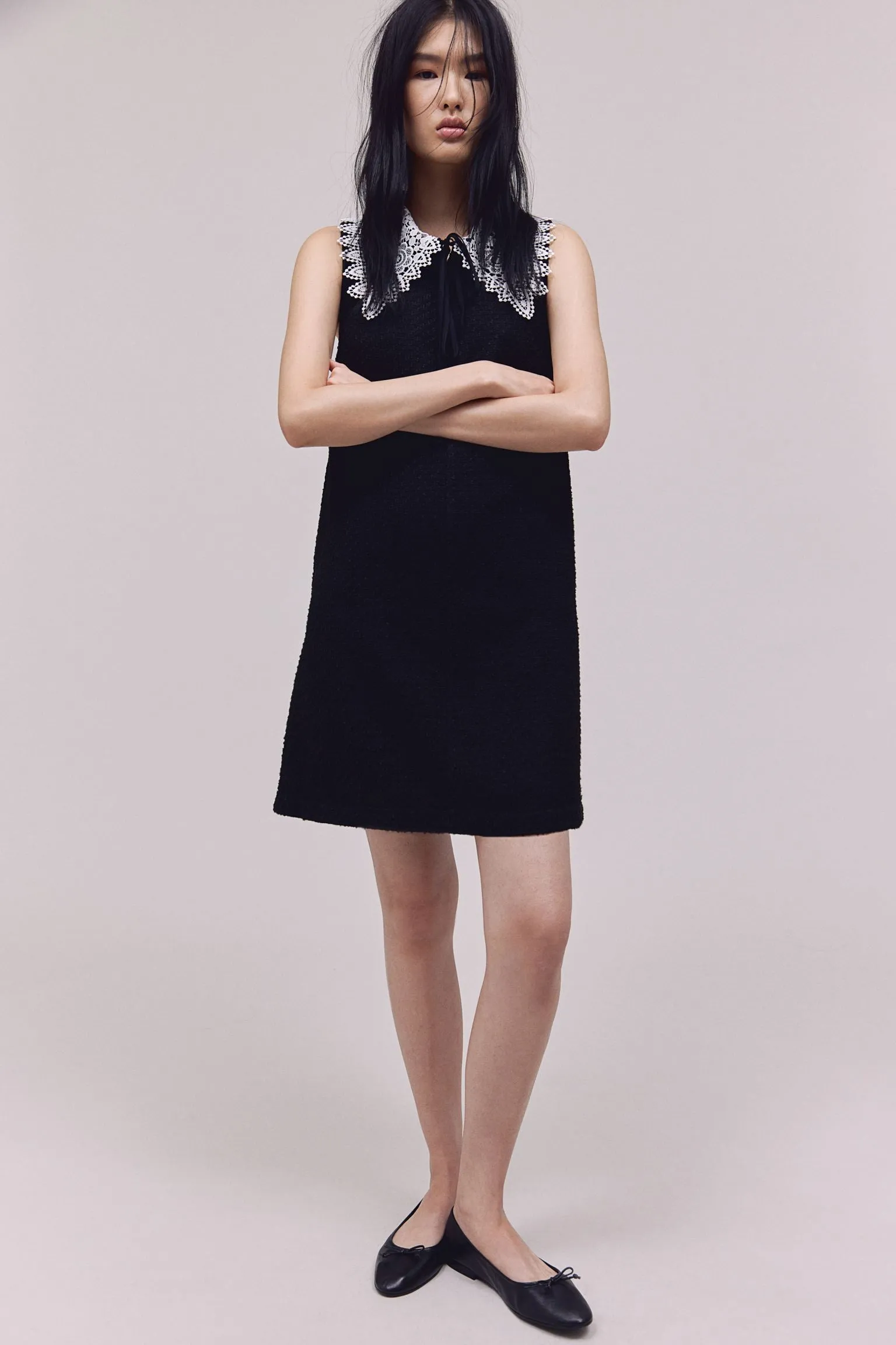 H&M Bouclé With Lace Collar dress, black