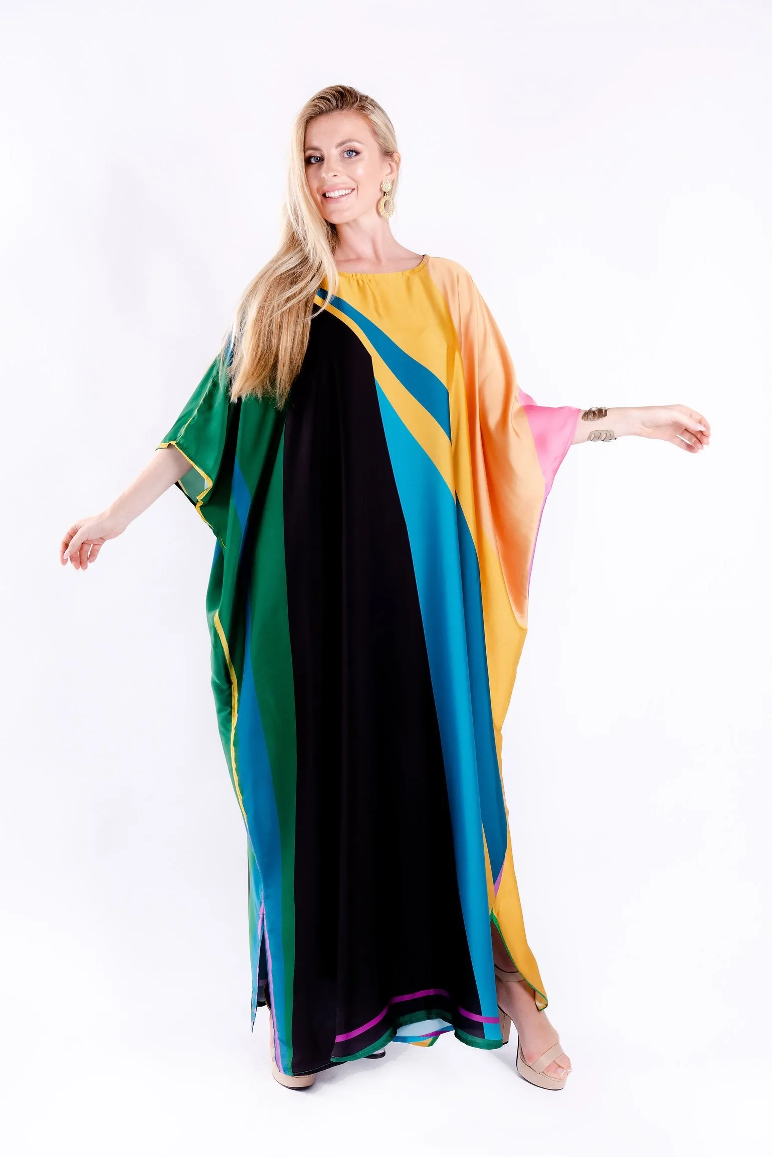 Luxury Satin Silk Printed Long Kaftan, Casual Wear Caftan For Women's