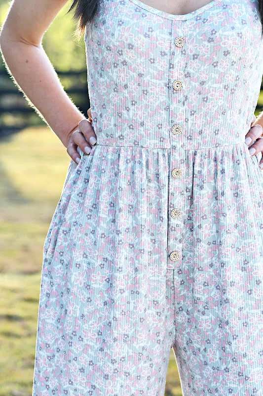 Ribbed Floral Jumpsuit in Jade