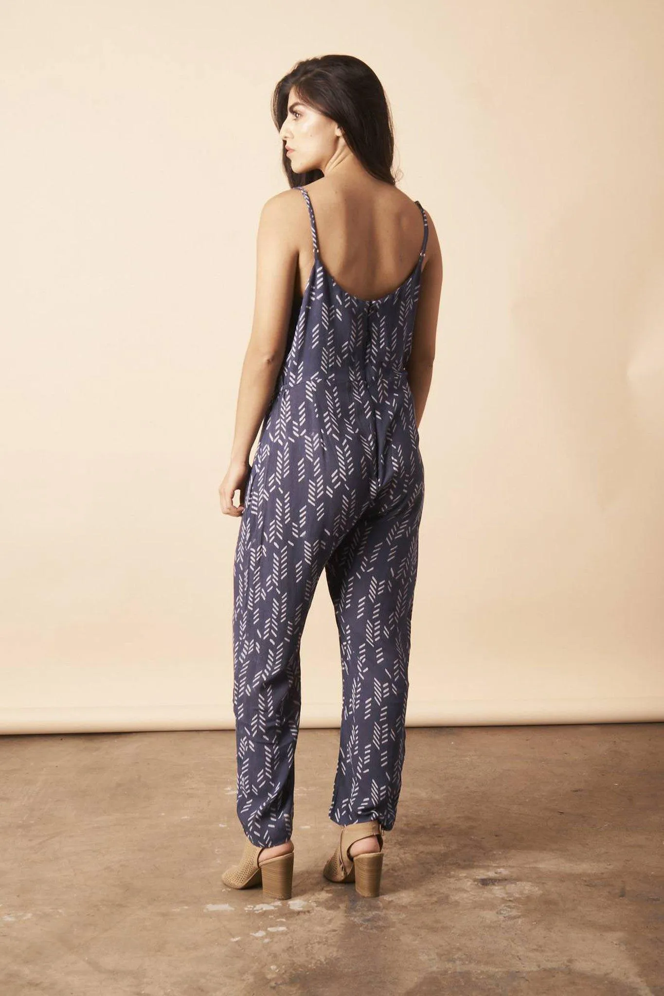 Stylized Feather Strappy Jumpsuit in Navy   Cream