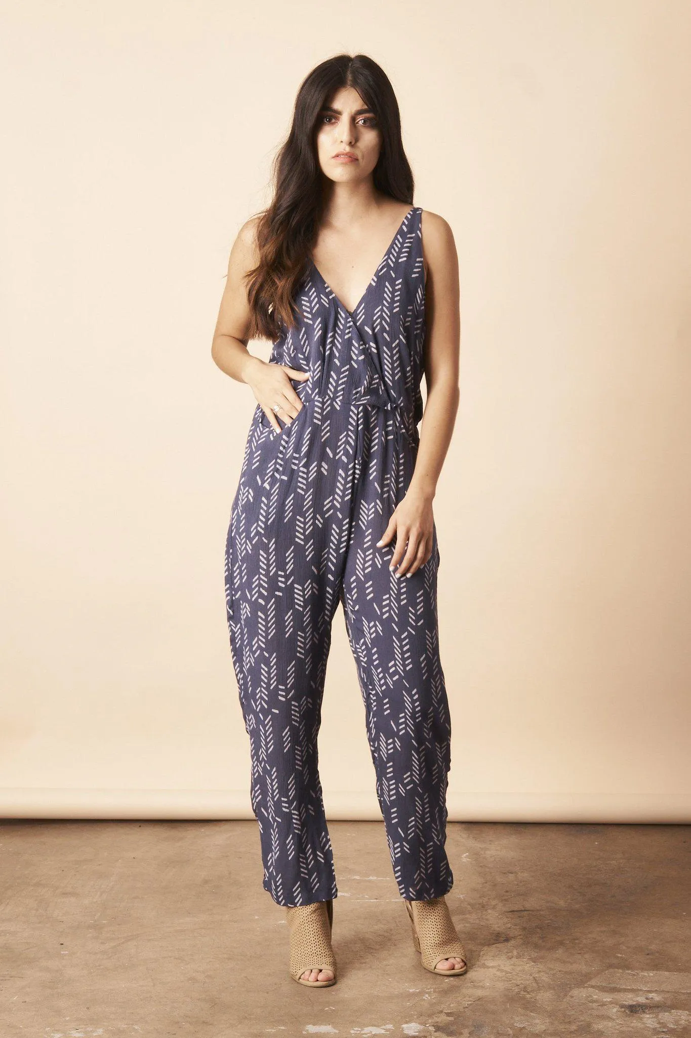 Stylized Feather Strappy Jumpsuit in Navy   Cream
